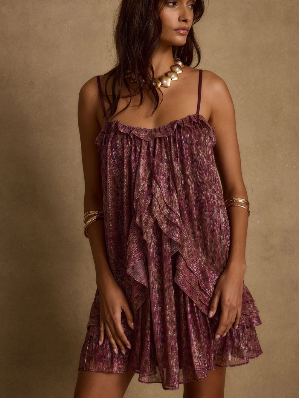 12th Tribe Ruffled Spaghetti-Strap Mini Dress in Maroon
